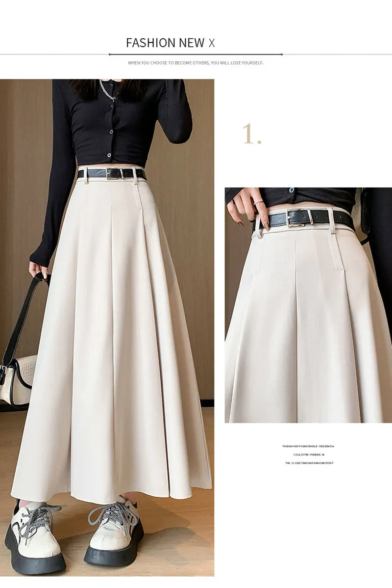 Elegant Skirts for Women Korean Style Long Skirt Female Black Pleated Midi Skirt Women's Clothing Office Lady Skirts Outfits New