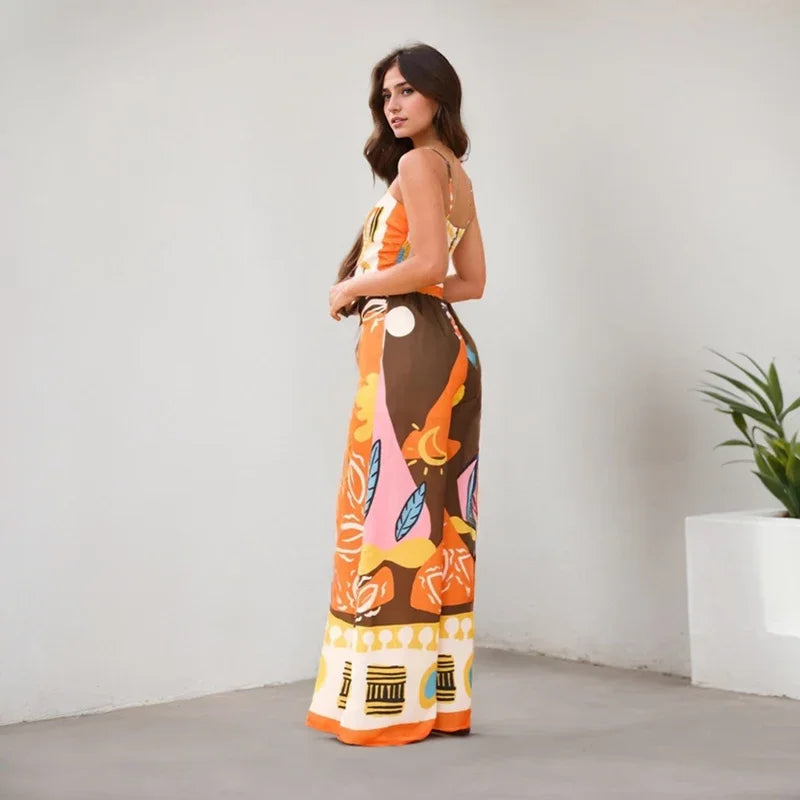 Summer Holiday Sleeveless Jumpsuit Pants for Women Beach Style Backless Print Patchwork Lace Up V-neck Waist-closing Jumpsuit