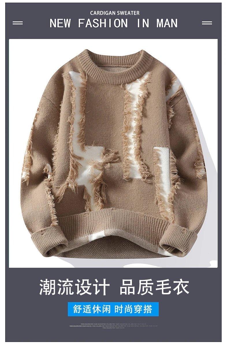 2026 Winter Fashion worn‑out design Sweater Men Casual Knit Pullovers Mens Thick Warm Loose Knitted Sweaters Streetwear Man