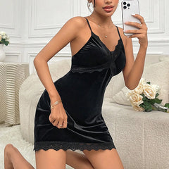 Women's Velvet Nightdress Sexy Deep V Nightgown Female Lace Patchwork Suspender Skirt Backless Adjustable shoulder strap Dress
