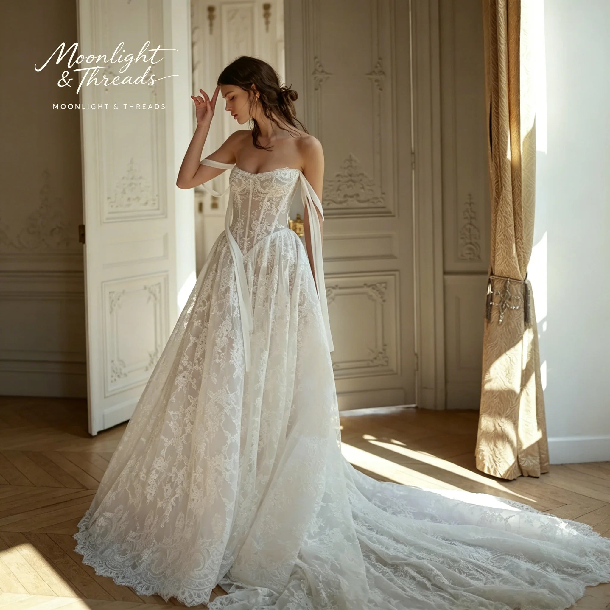 Elegant White Lace Off-The-Shoulder Sleeveless Floor-Length Formal Wedding Dress with Exquisite embroidery