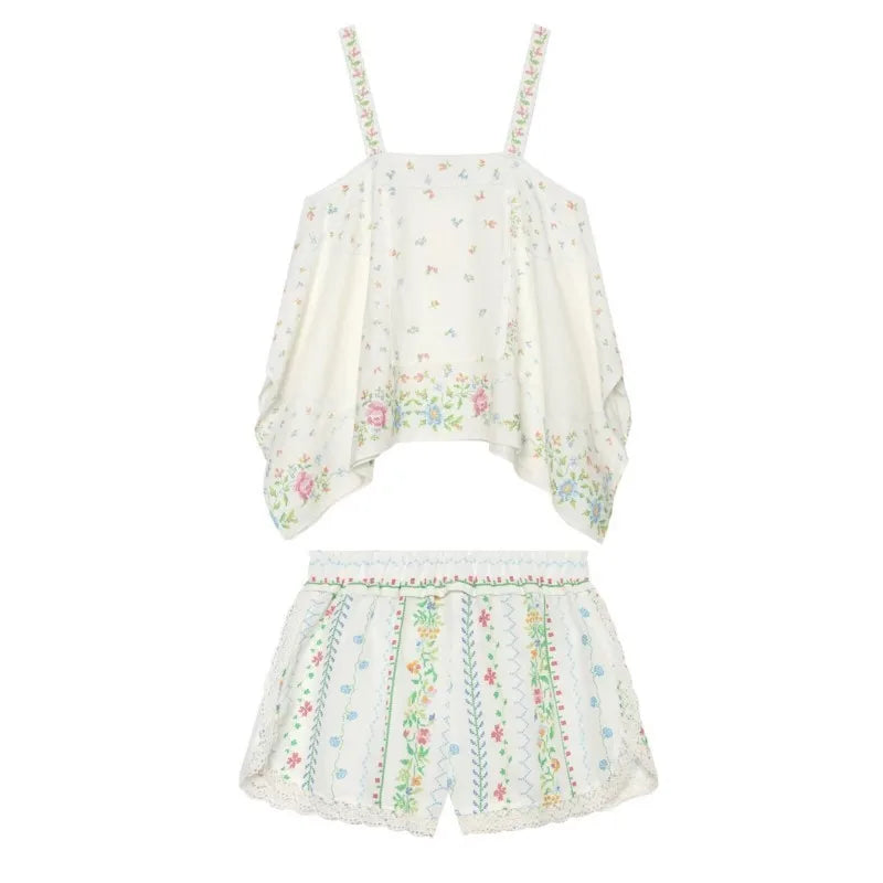 Women's Printed Shorts Set Summer Asymmetric Hem Wide Straps Loose Top Elastic Waist Lace Trim Shorts Fashion Casual 2 Piece Set