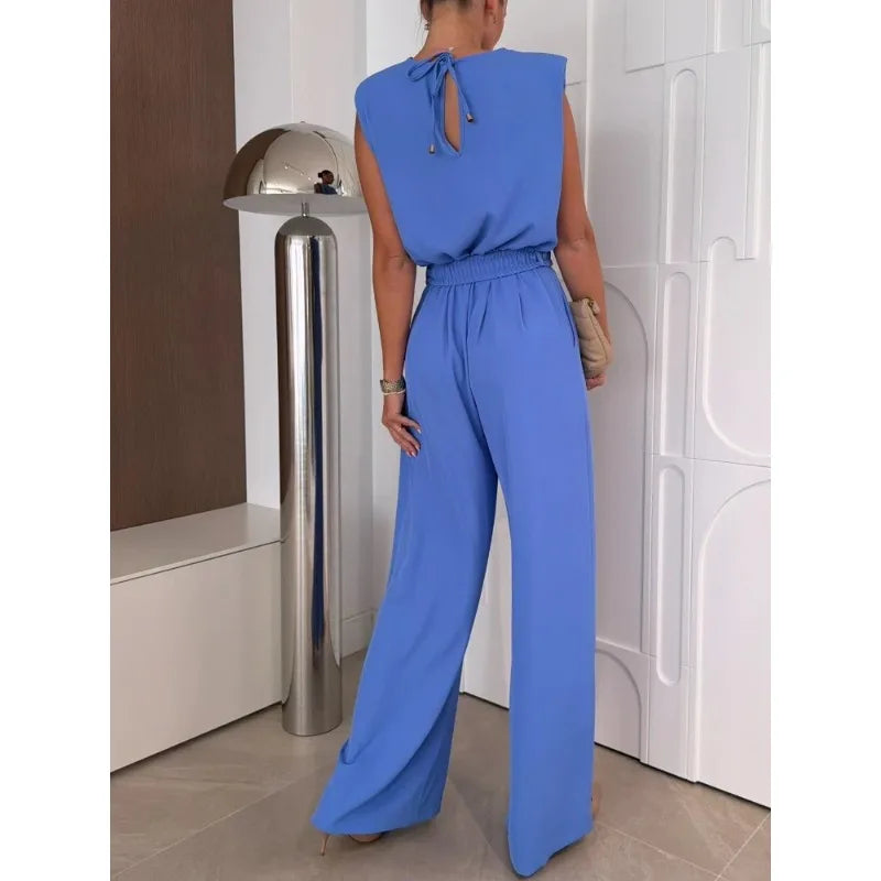 Women's Jumpsuits Solid Color Sleeveless Round Neck Casual Loose Women's Jumpsuit Summer Fashion Straight Tube Female Playsuits
