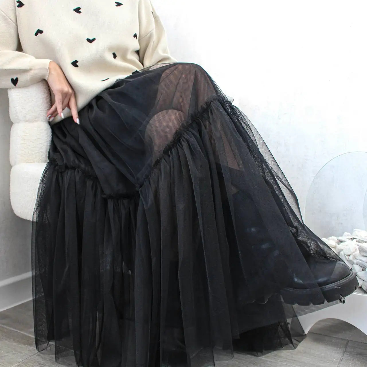 Pleated Lace Cake Midi Skirt