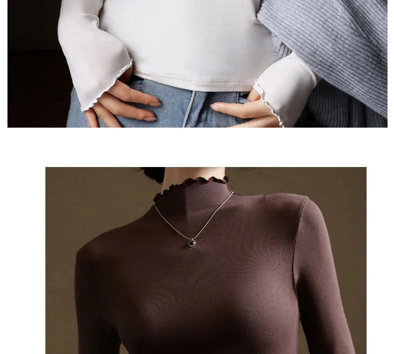 Ruffled Turtleneck Stretch Tee Women