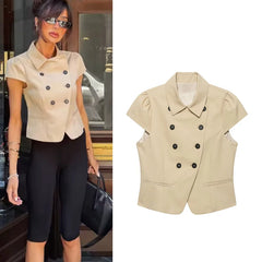 Women's Jacket 2026 New Fashion Double-Breasted Short-Sleeve Slim Jacket for Women Summer Ladies Outerwear Casaul Chic Women Top