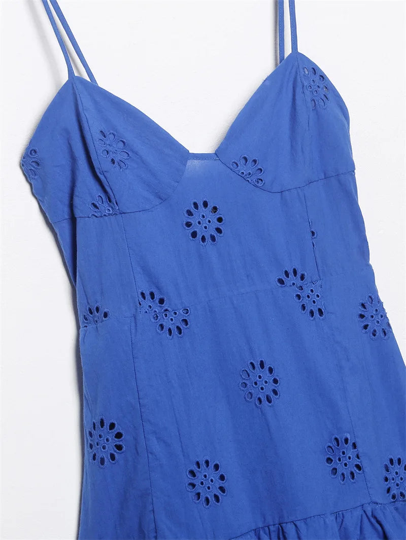 Women Fashion With Ruffled Cutwork Embroidery Mini Dress Vintage Backless Elastic Thin Straps Female Dresses Vestidos