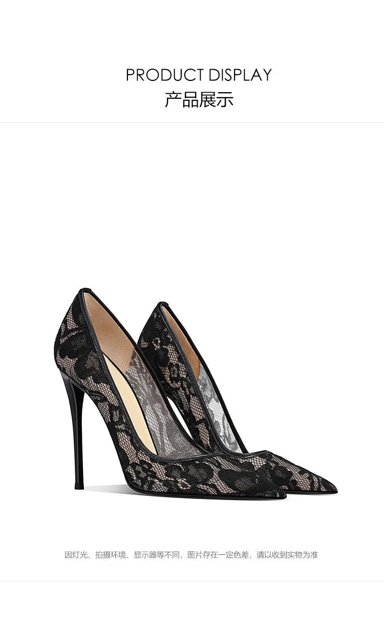 Black Lace High Heels for Women, 2026 New Slim Heel Pointed Sexy Versatile French Spring and Summer Breathable Single Shoes