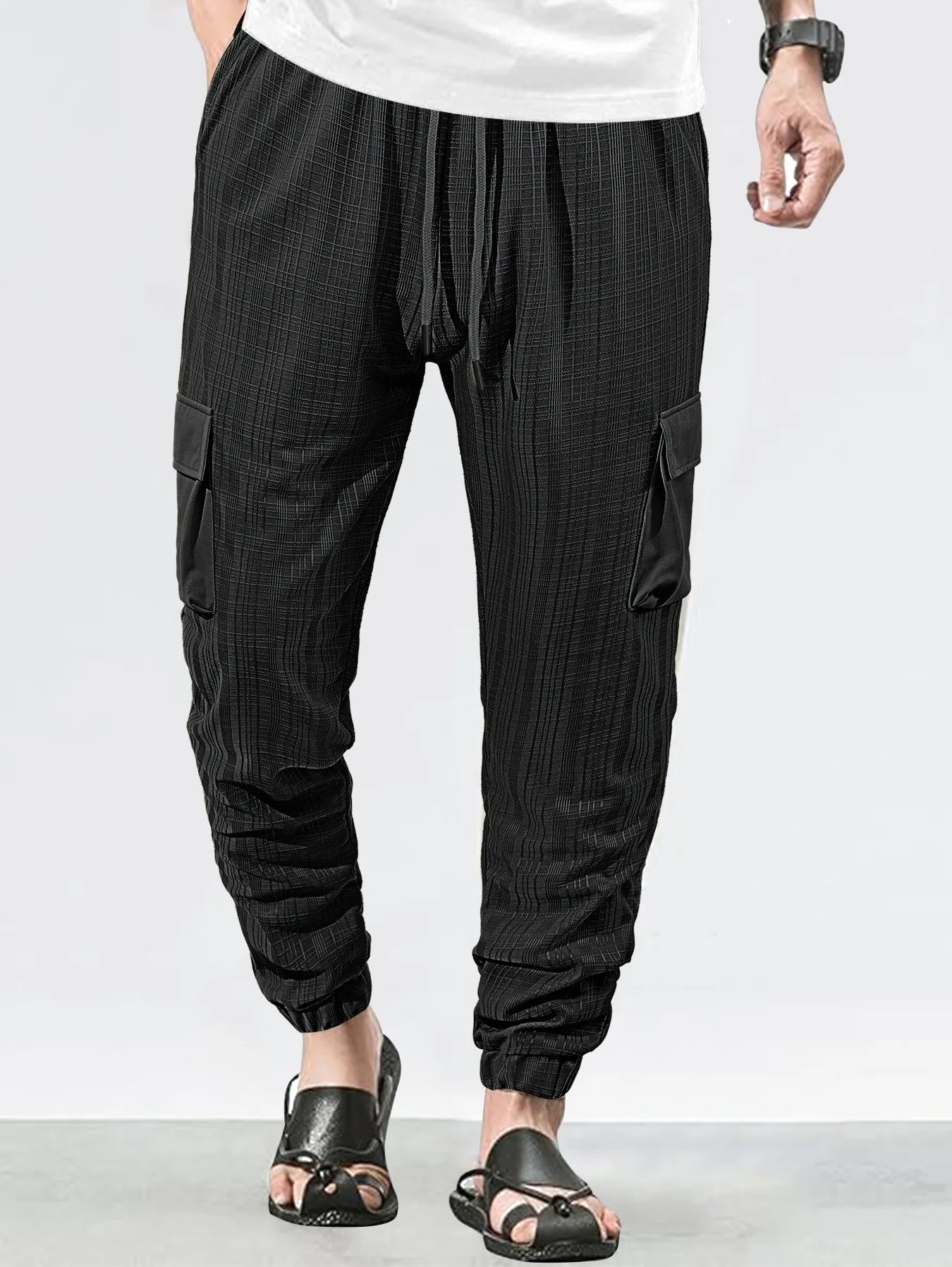 Men's Grid Cargo Joggers Drawstring Elastic Waist Multi Pocket Casual Ankle Length Trousers
