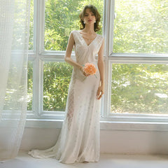 Women's Nightgown Luxury V Neck Sleeveless Night Dress Fashion Slim White Princess Long Dress Summer Ladies Sleepwear Vestido