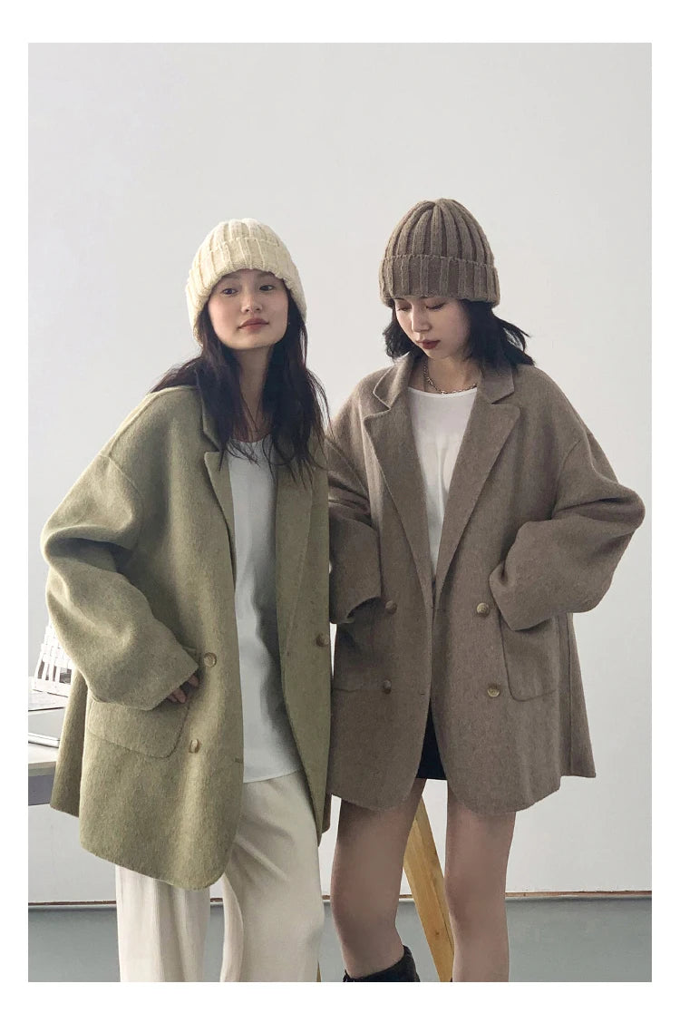 CHIC VEN Women's Woolen Coats Loose Casual Double Breasted Retro Double-sided Jacket Office Lady Outerwear Autumn Winter 2026
