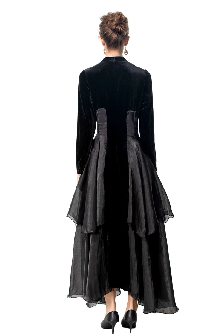 Velvet Ruffle V-Neck Evening Dress