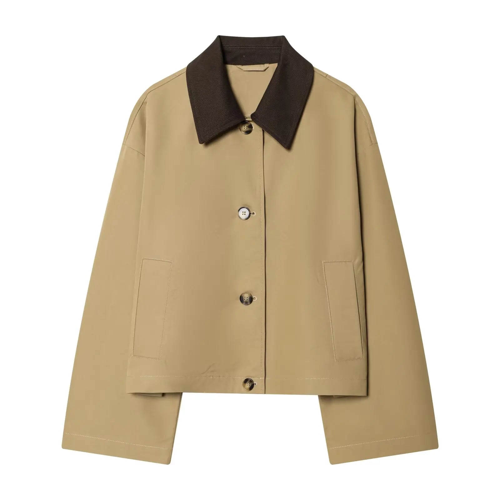 Women's Short Trench Coat with Contrast Collar New Spring Turn Down Collar Long Sleeve Button Women Coats Chic Female Jackets