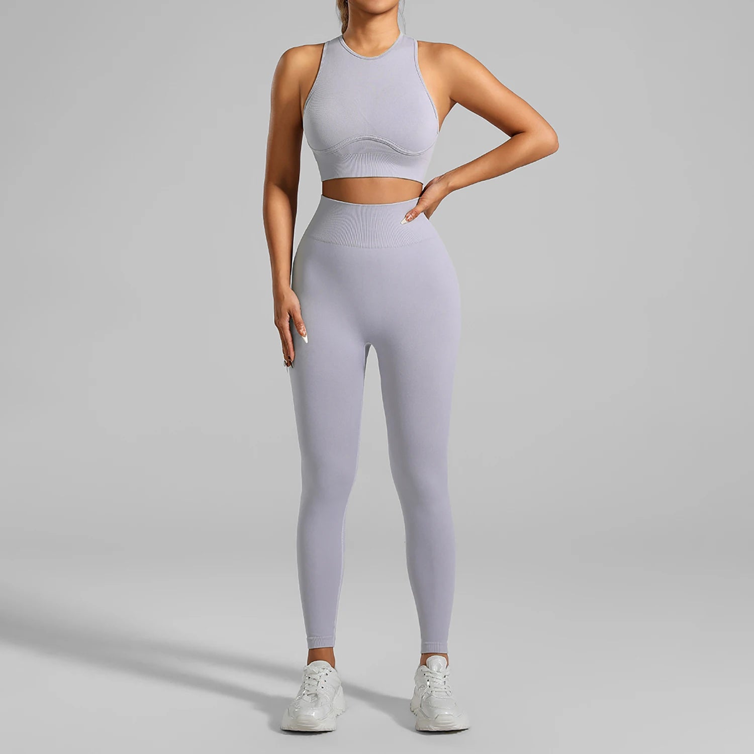 Seamless Ribbed High Waisted Yoga Set for Women, Tummy Control Criss Cross Back Workout Outfit, Quick Dry Fitness Set for Gym
