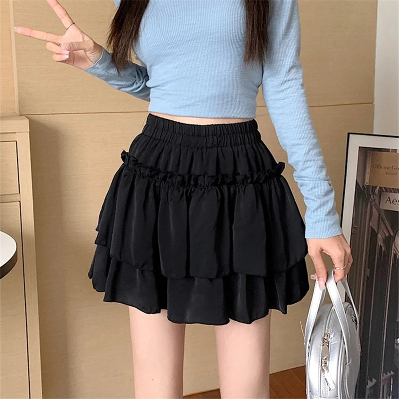 Summer Kawaii White Ruflles Skirt Women Fashion Slim Fit Chiffon Mini Skirts Giris Y2k All Match Elastic High Waist Black Faldas