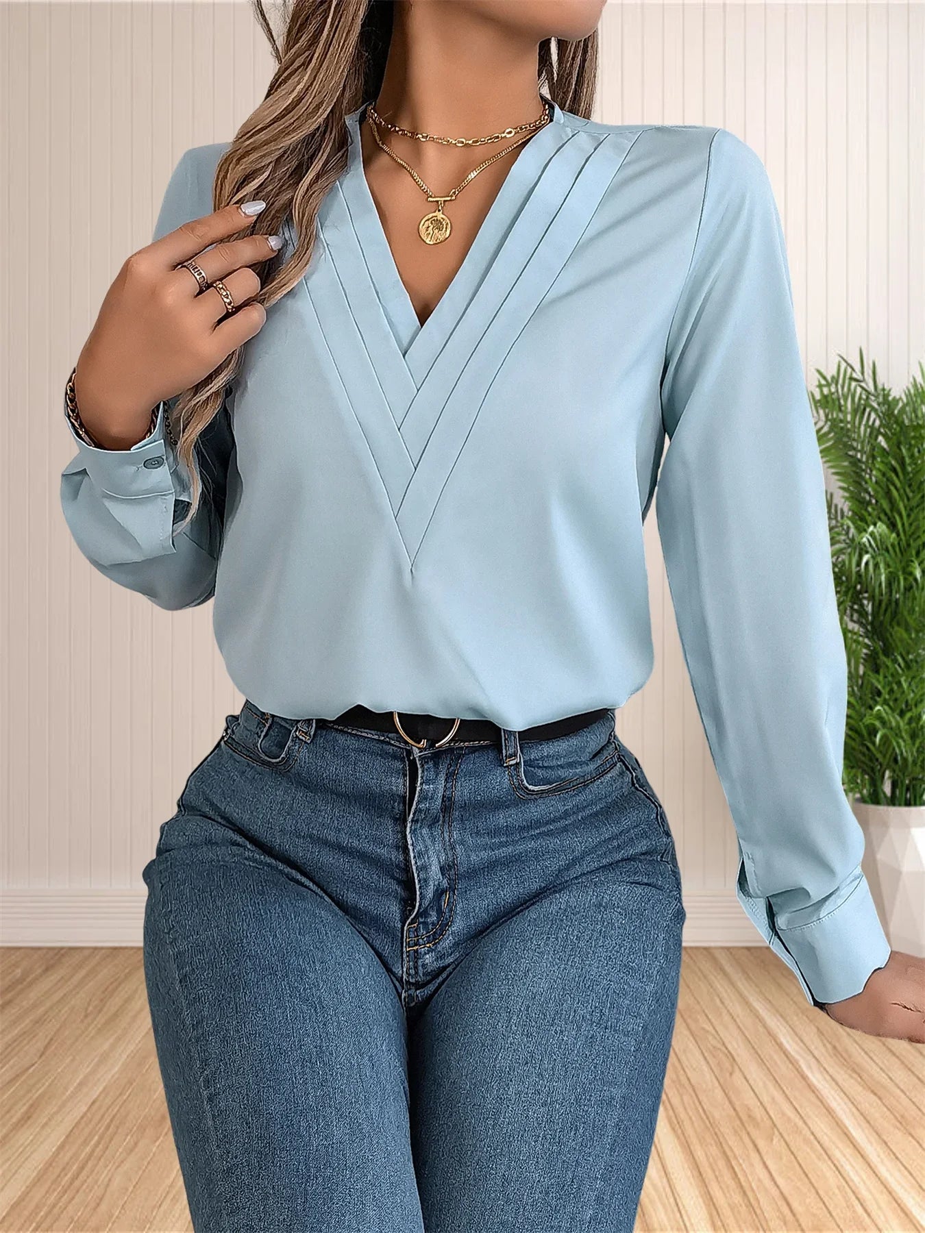 Elegant Layered V-Neck Office Blouse