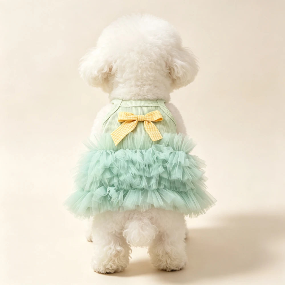 1pc Summer breathable pet dress, paired with checkered bow camisole skirt, sleeveless vest, cat and dog clothing