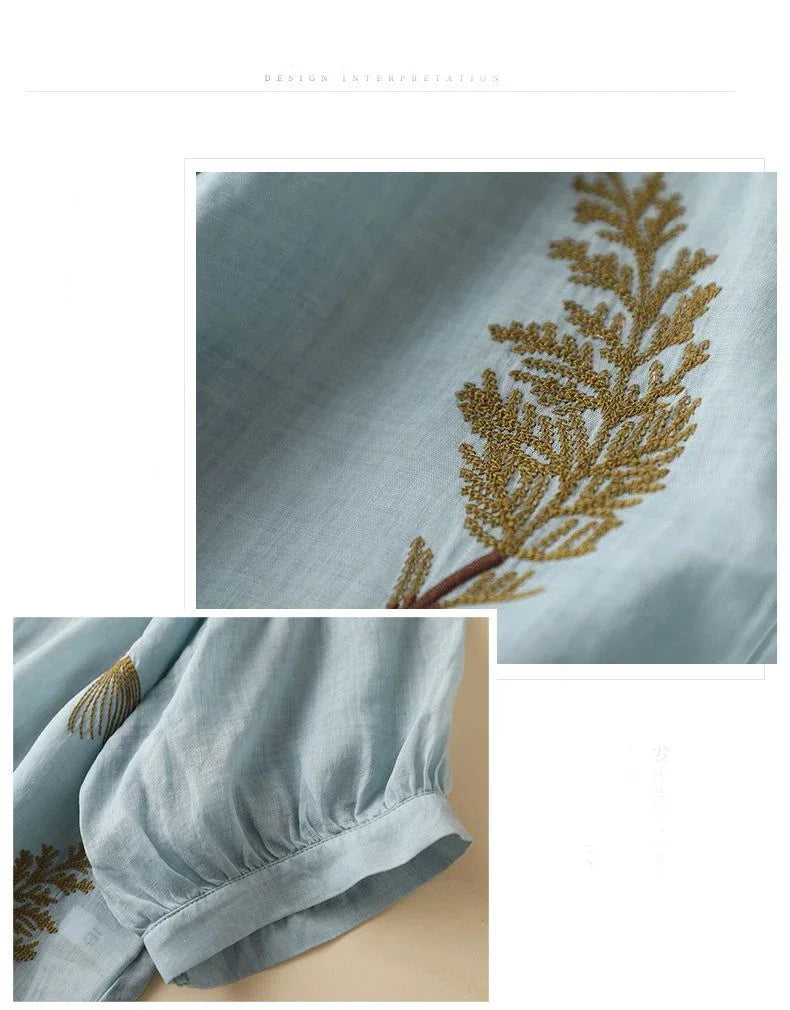 Embroidered Cotton Linen Casual Shirt