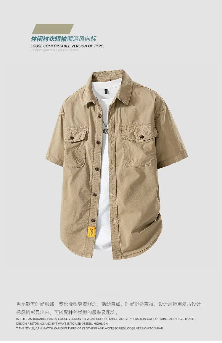 Workwear shirt for men summer loose and casual short-sleeved men American retro lapel coat trendy brand outdoor wear