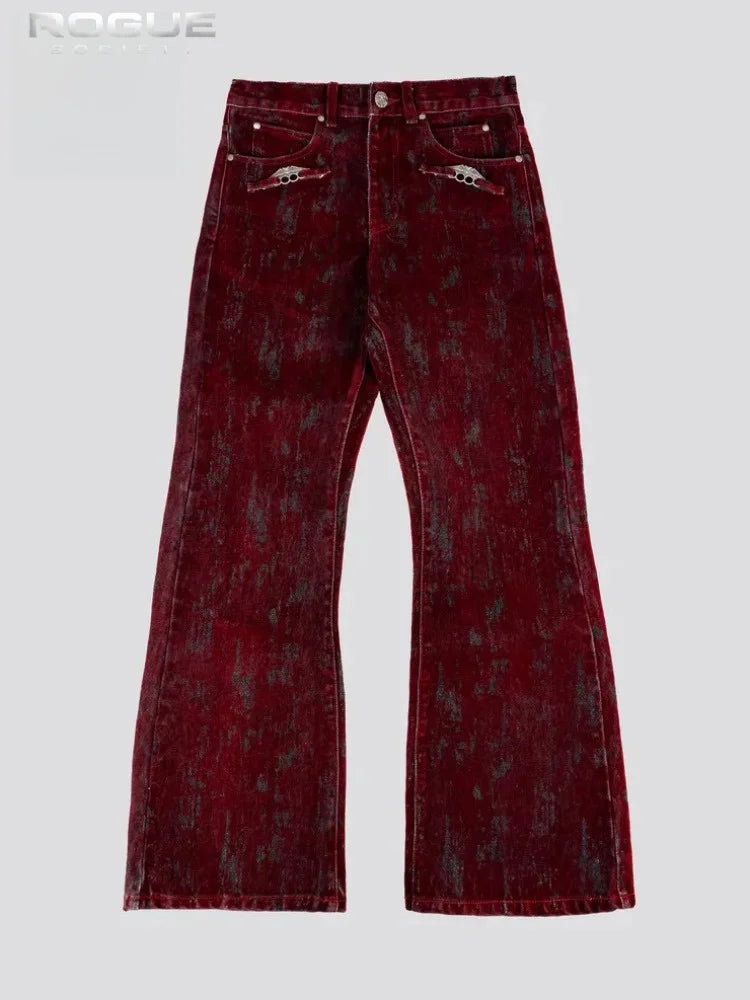 Mens Ins Style Jeans Fashion New American Vintage Flocked Flared Denim Pants Harajuku Unisex Loose Fit High Street Streetwear