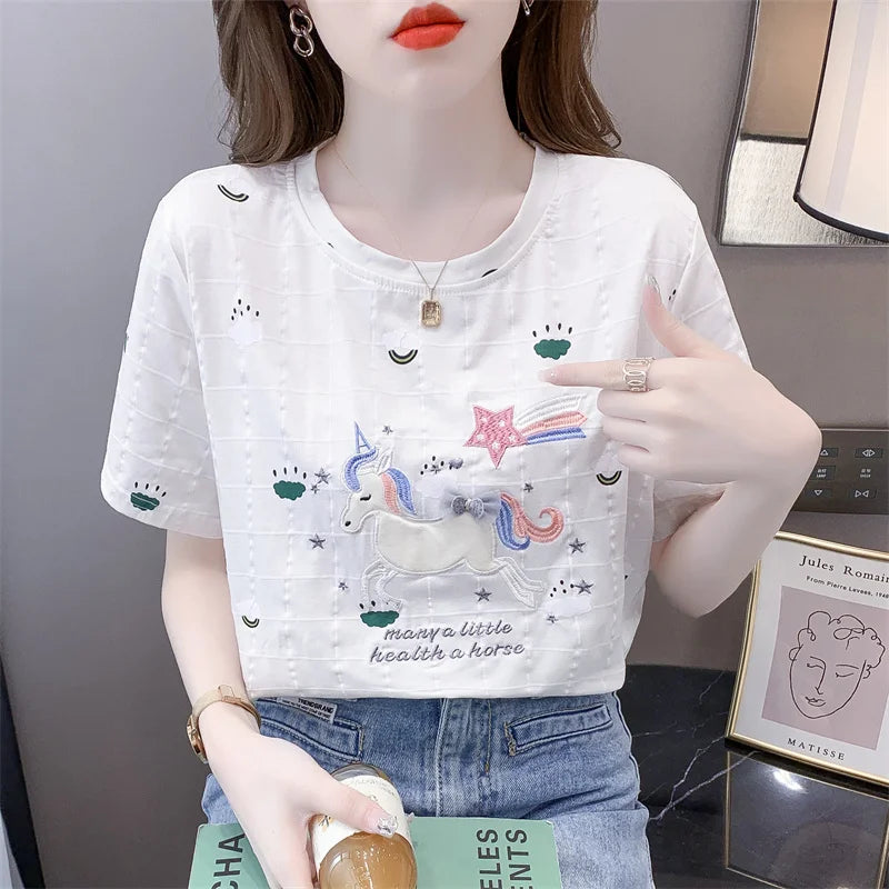Embroidered Cartoon Summer Casual Tee