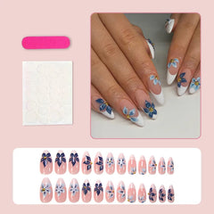 Medium fake nails for women Gradient nude brown blue flowers or rhinestones fall winter almond tips press on false nail art set