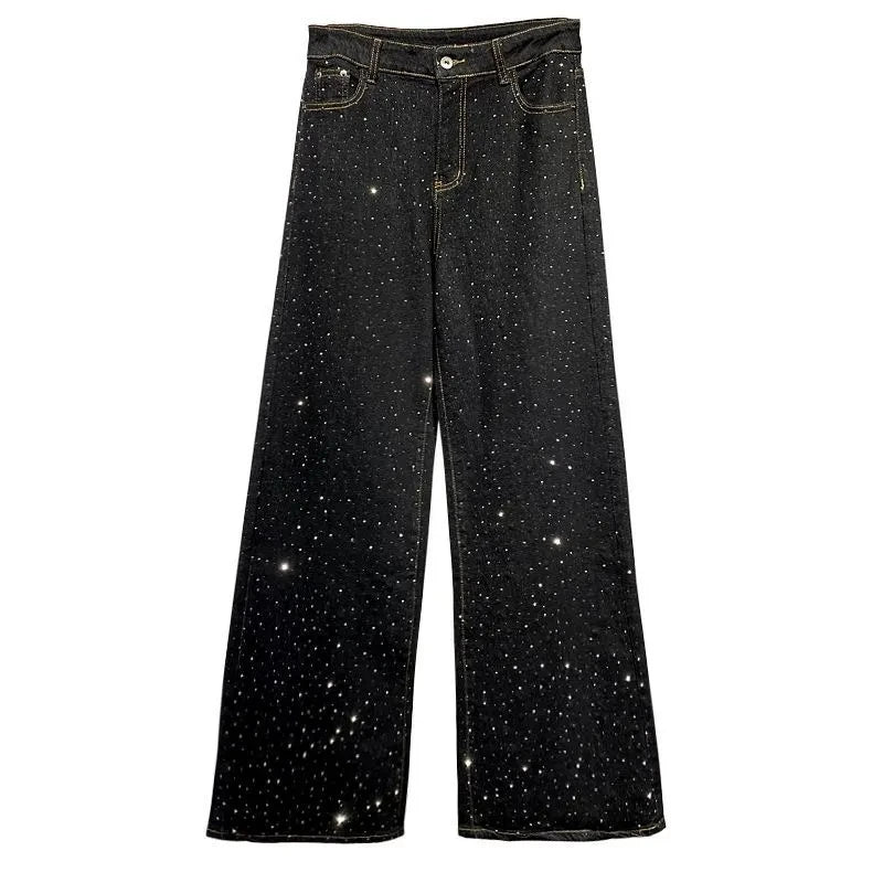 New Female Black Jeans Are Cool Studded With Diamonds. Casual Denim Trousers High-waisted, Straight-leg Wide-leg Pants Women's