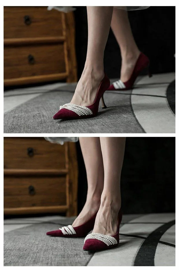Women High Heels Sexy Beading Shoes Female 2024 New Red Velvet Pumps Pointed Toe RetroThin Heel Party Wedding Shoes Wholesale