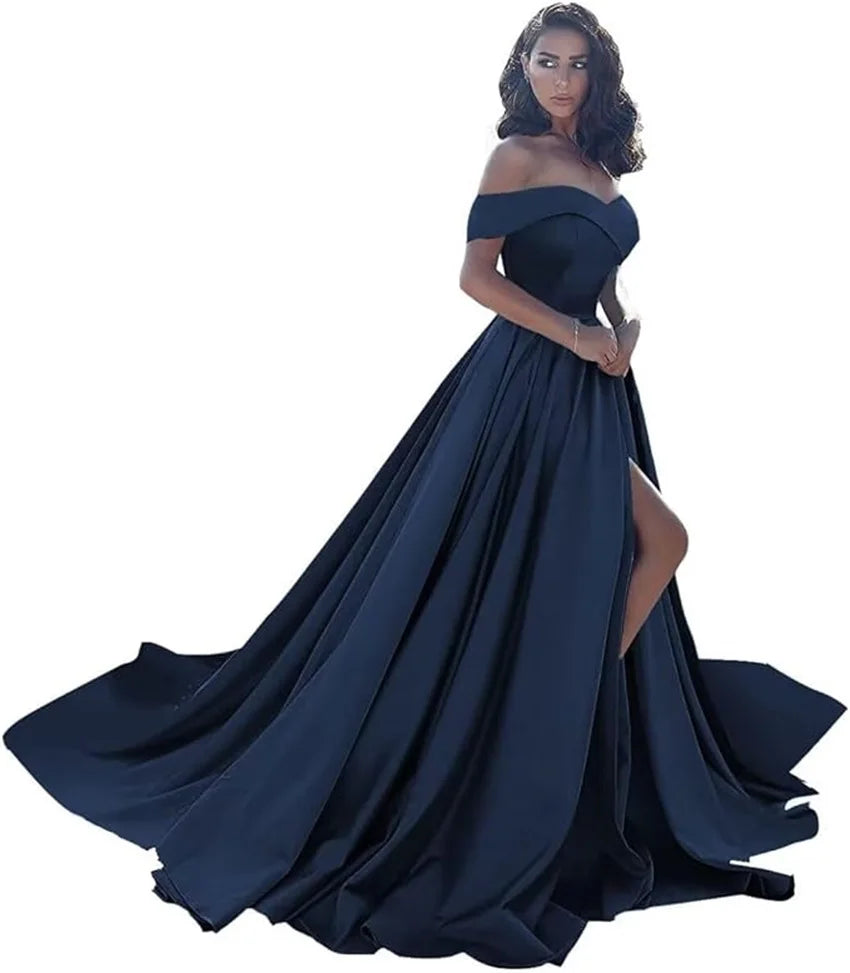 Simple Off Shoulder Satin Evening Gown