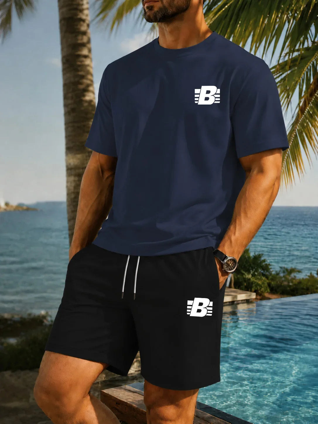 Men's 2-Piece Tracksuit Casual Sportswear Set Short Sleeve T-Shirt + Shorts Quick Dry Breathable Gym Fitness Running Outfit