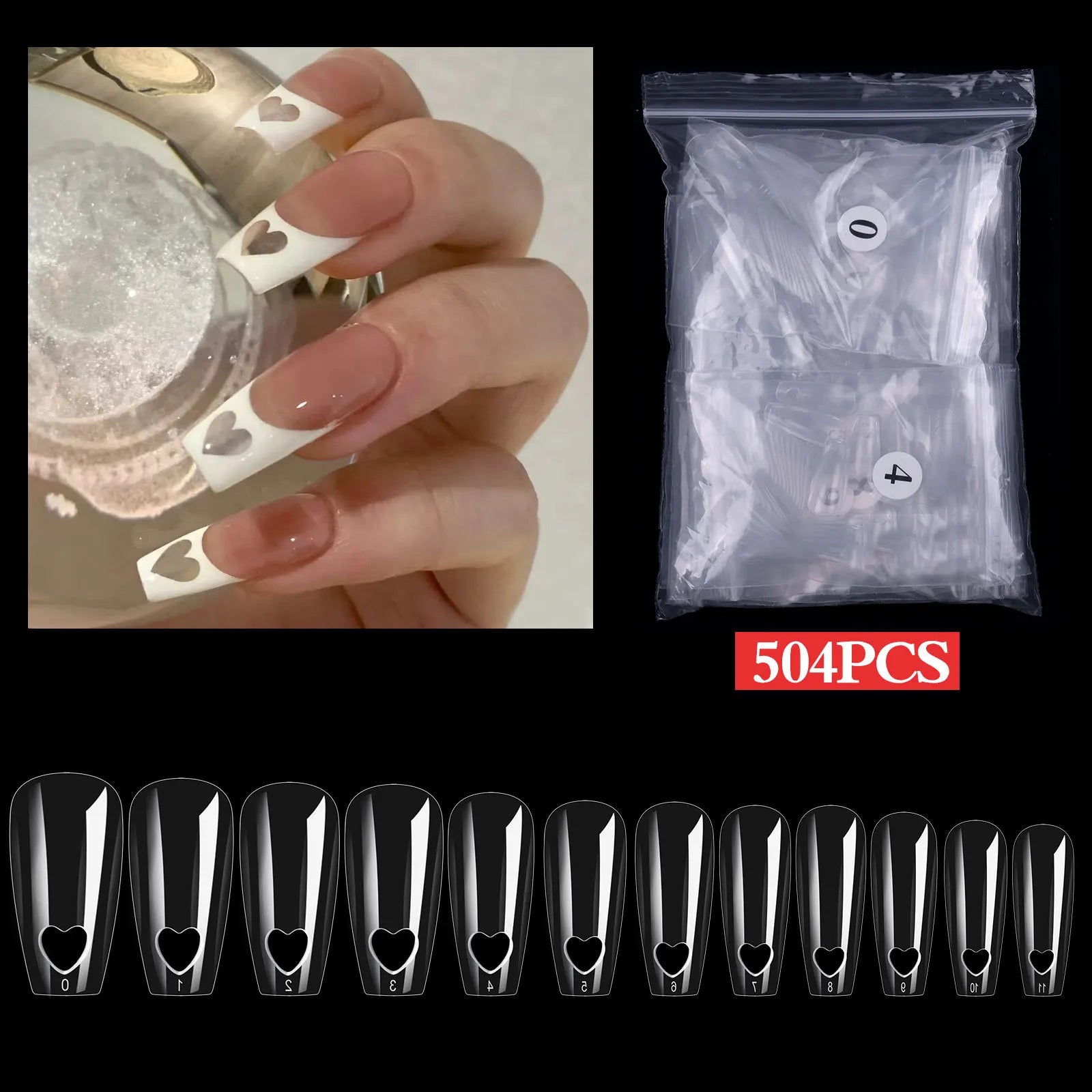 Heart Hollowed-out False Nails Art Tips 504/120pcs/bag Natural&Clear Press On Acrylic Nails UV Polish Board Patch Manicure Tools