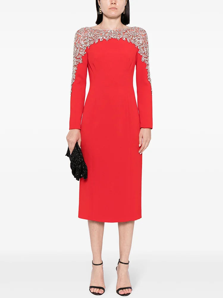 Elegant Beaded Straight Midi Dress