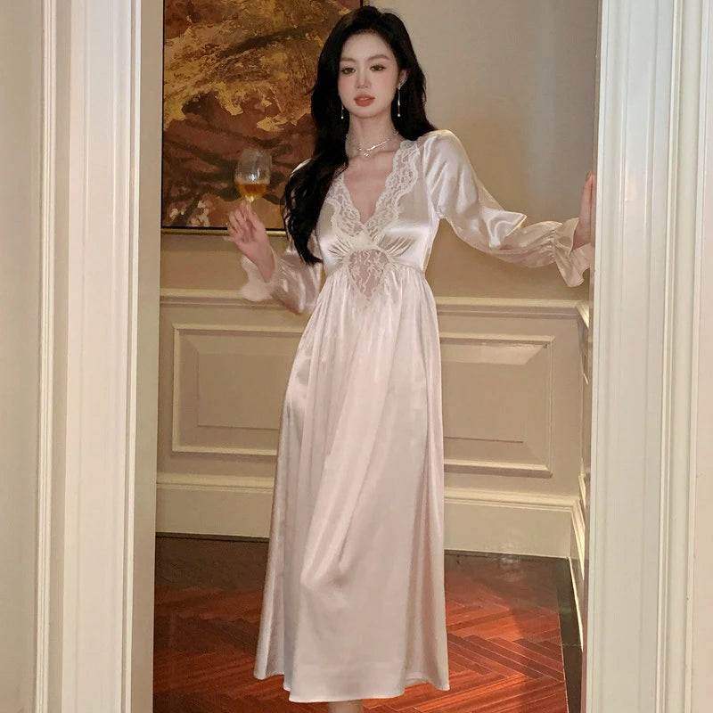 Female Long Nightdress Retro French Court Style Princess Nightgown Sleepwear Spring Summer Loose Rayon Home Clothes Lounge Wear