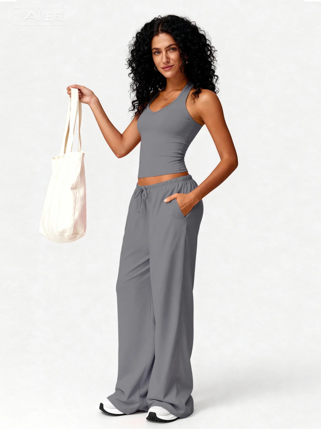 Women 2 Piece Yoga Outfit Ribbed Halter Crop Tank Top Drawstring Wide Leg Pants Set Casual Workout Gym Loungewear Tracksuit