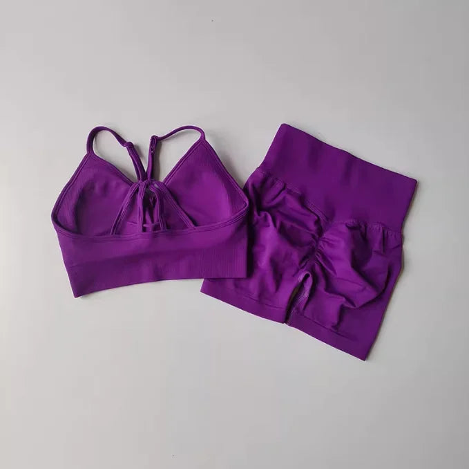 Women's Yoga Set Strappy Sports Bra & High Waisted Shorts | Quick Dry Padded Butt Lifting Workout Outfit for Running Traini