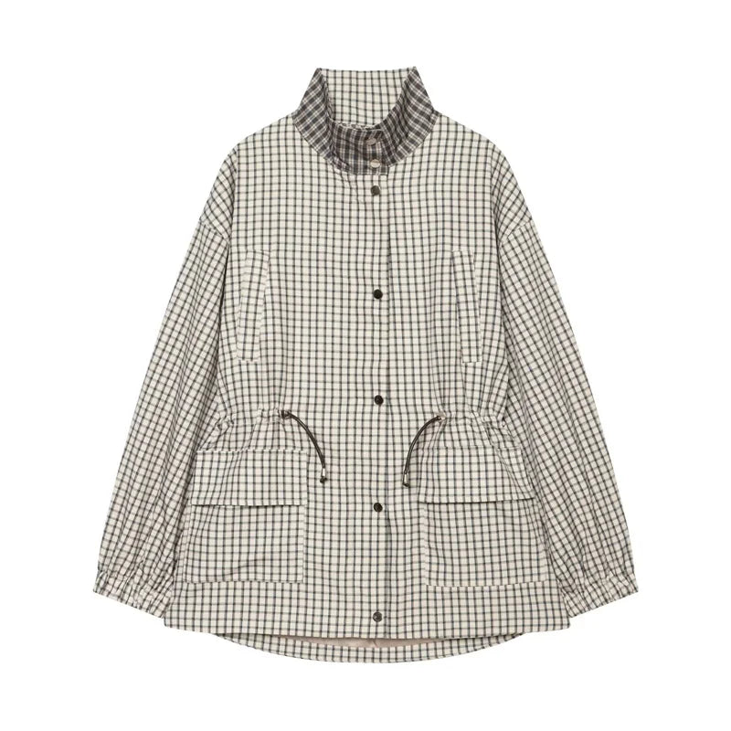 Women's Coat 2026 New Autumn Gray Plaid Long Sleeve Loose Drawstring Decorative Coat Casual Fashion Personal Ladies Outerwear