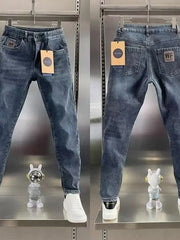 Thick Jeans Men's Slim Fit Spring Autumn Winter Casual Long Pants Cotton Stretch Denim mid Waist Zipper Closure Wear Resistant
