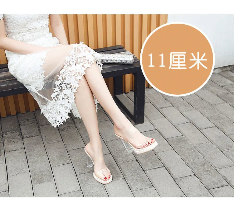 Women's High Heels, 2024 Summer New Waterproof Table with A Line Not Tired Feet Thick Crystal Slippers, Women's Shoes