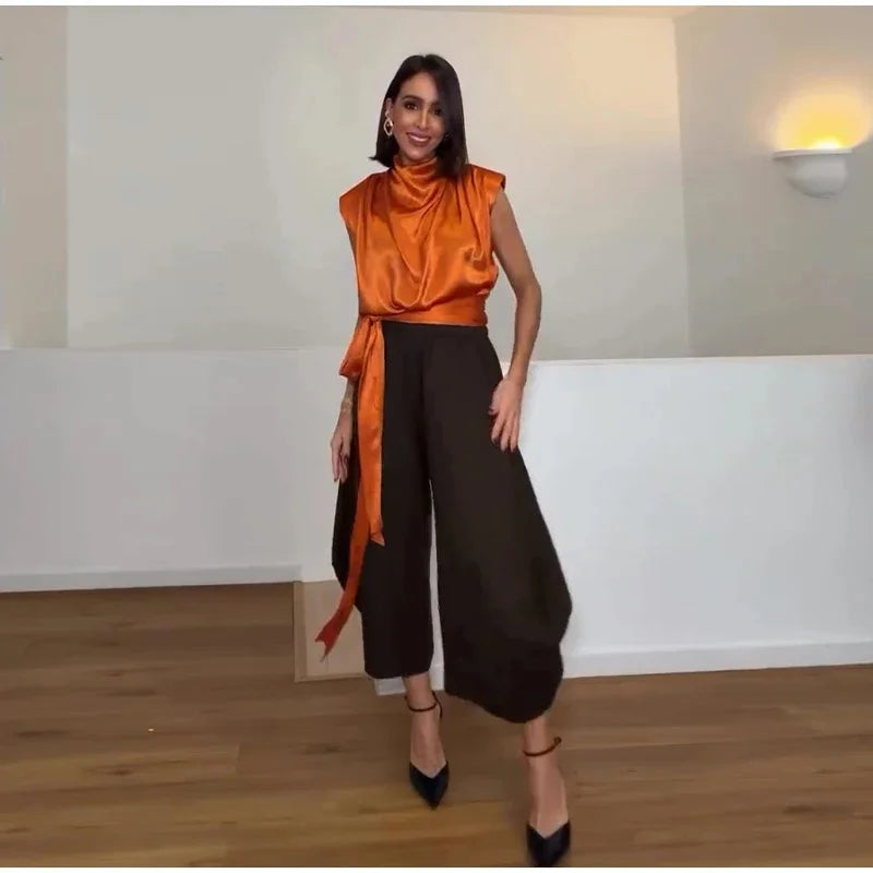 Women's Top 2026 Spring New Style Orange Sleeveless Satin Texture Long Ribbon Top Elegant and Stylish Unique Fashion Focus