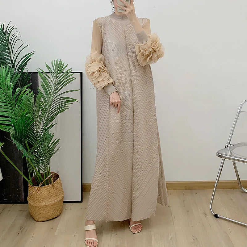 Women Elegant Evening Party Dresses 2025 Summer New Solid Colour Classic Long Sleeve Plate Flower Design Prom Dresses Female