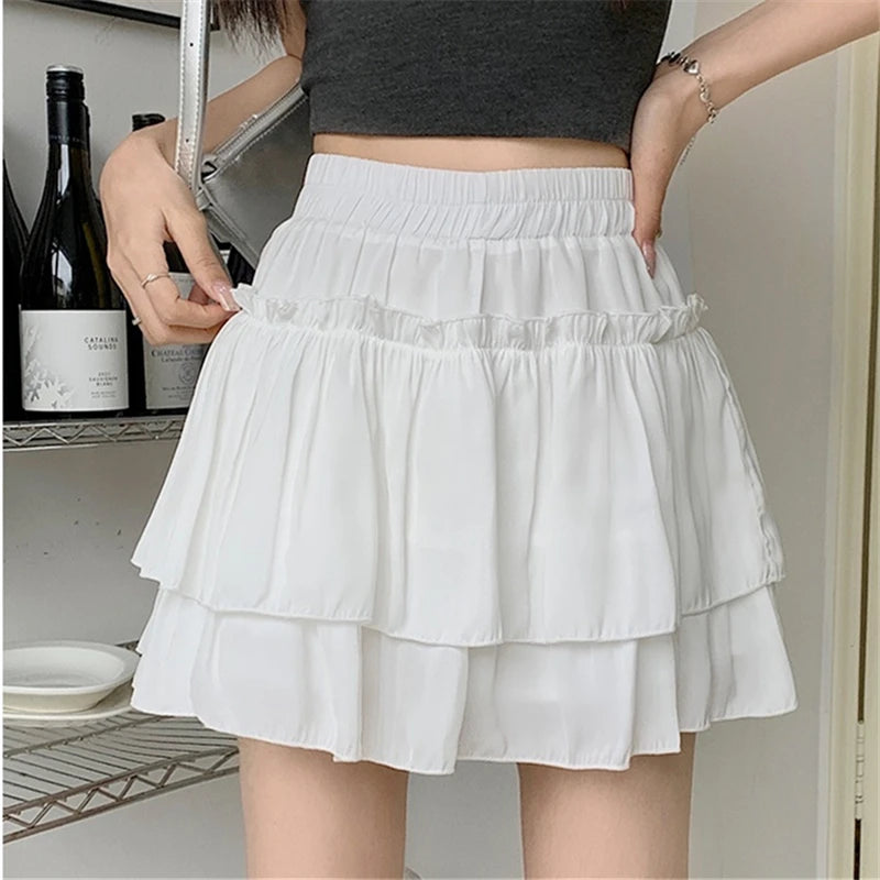 Summer Kawaii White Ruflles Skirt Women Fashion Slim Fit Chiffon Mini Skirts Giris Y2k All Match Elastic High Waist Black Faldas