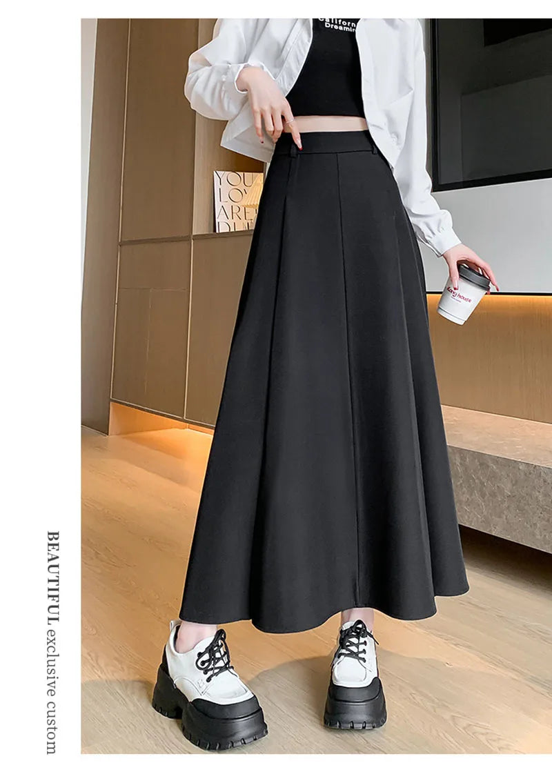 Elegant Skirts for Women Korean Style Long Skirt Female Black Pleated Midi Skirt Women's Clothing Office Lady Skirts Outfits New
