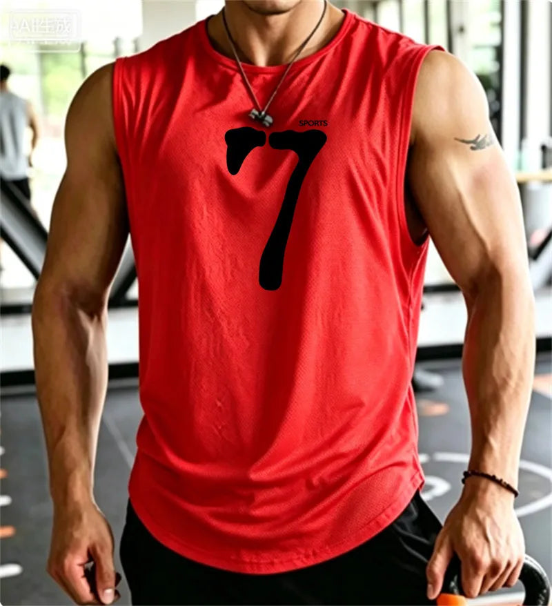 SPORTS 7 New Men Tank Tops Sleeveless Shirt Polyester Mesh Material Quick Dry Breathable Men Workout Fitness Basketball Top Tee