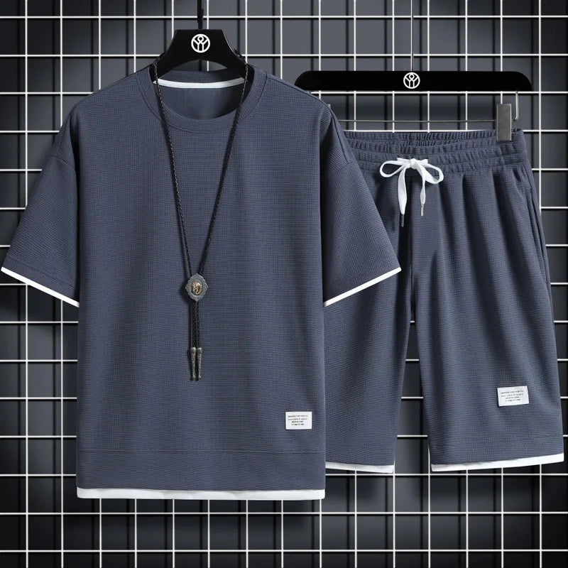 Trendy Suits for men Men's Summer Shorts Set Gym Outfit Student Short Sleeve Tee 2 Piece Set Tracksuits Men Casual Men Clothing