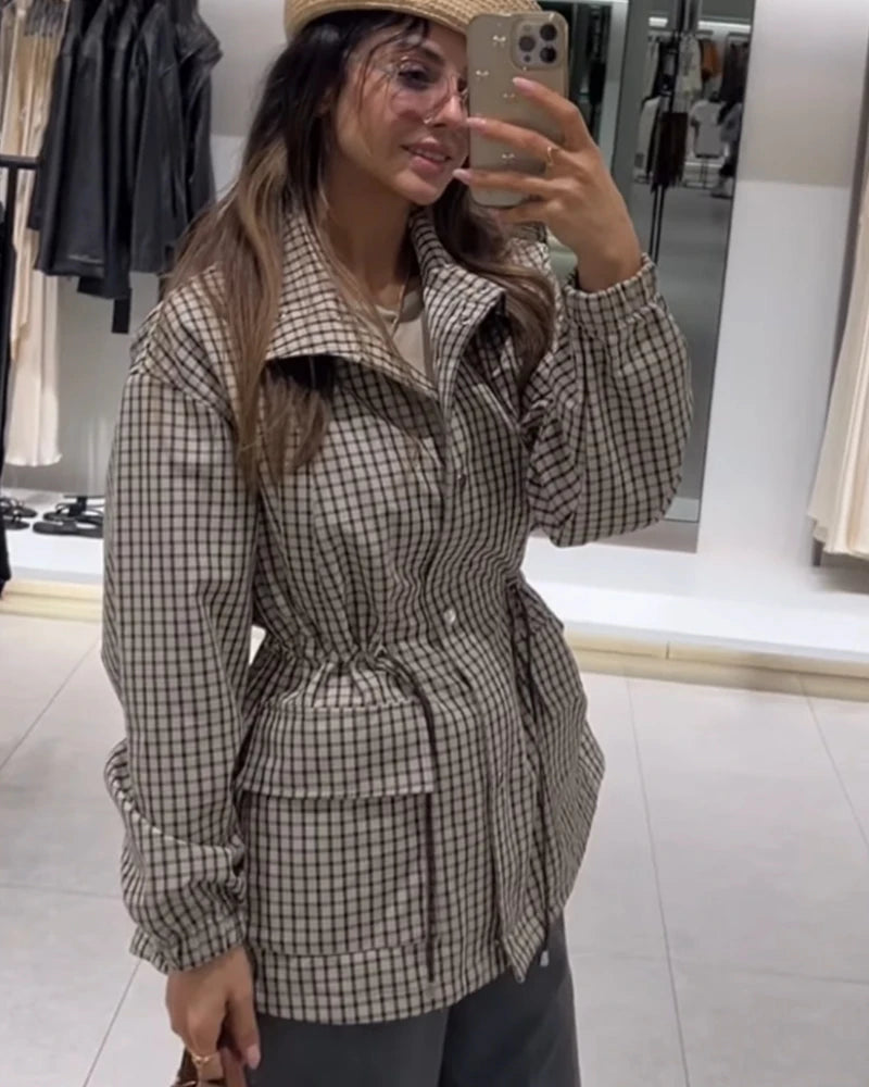 Women's Coat 2026 New Autumn Gray Plaid Long Sleeve Loose Drawstring Decorative Coat Casual Fashion Personal Ladies Outerwear