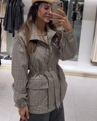 Women's Coat 2026 New Autumn Gray Plaid Long Sleeve Loose Drawstring Decorative Coat Casual Fashion Personal Ladies Outerwear