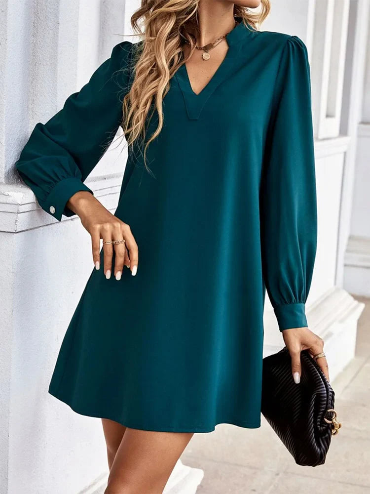 V-Neck Long Sleeve Mini Dress