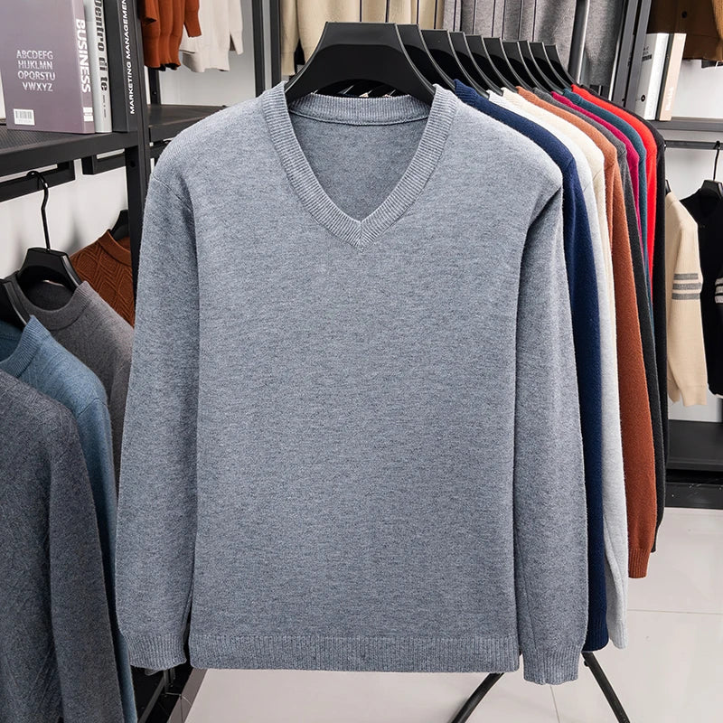 New Sweatwear Men's V Neck Basic Solid Color Sweaters Round Neck Elastic Pullovers Warm Autumn Knitted Oversized Sweater Men