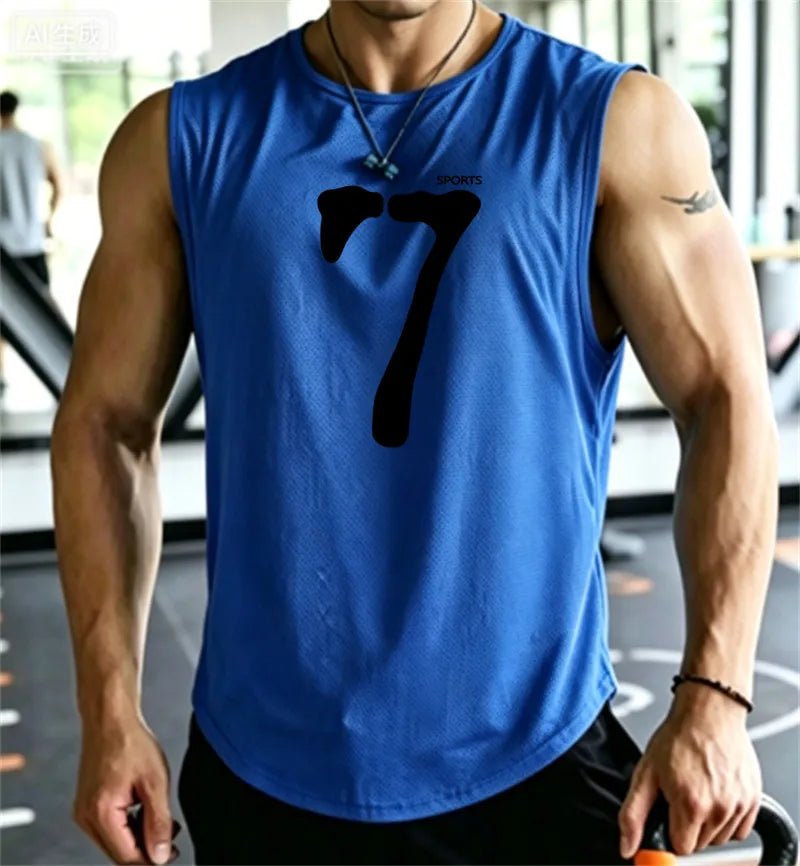 SPORTS 7 New Men Tank Tops Sleeveless Shirt Polyester Mesh Material Quick Dry Breathable Men Workout Fitness Basketball Top Tee