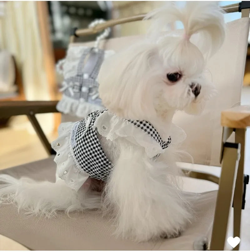 Pet Dog Clothes Lace Skirt Pastoral Style Black Plaid  Harness Puppy Dresses Universal Harness Tractionable Retro Princess Dress